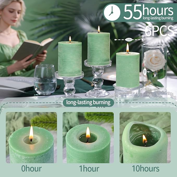 6 Pack Sage Green Soy Pillar Candles,Natural Soybean Pillar Candles,330 H Long Lasting Burning-Unscented,Dripless and Smokeless Rustic Hand-Poured Candles Dinner Table,for Wedding,Home 2.8x4in