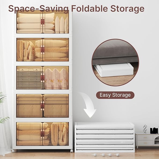 UAMFURI Stackable Storage Bins with Lids, 900QT Closet Organizers, Lockable Storage Cabinet，Foldable Storage Box with Doors and Wheels, Plastic Drawers for Home, Garage, Office (5, White, Extra Large)