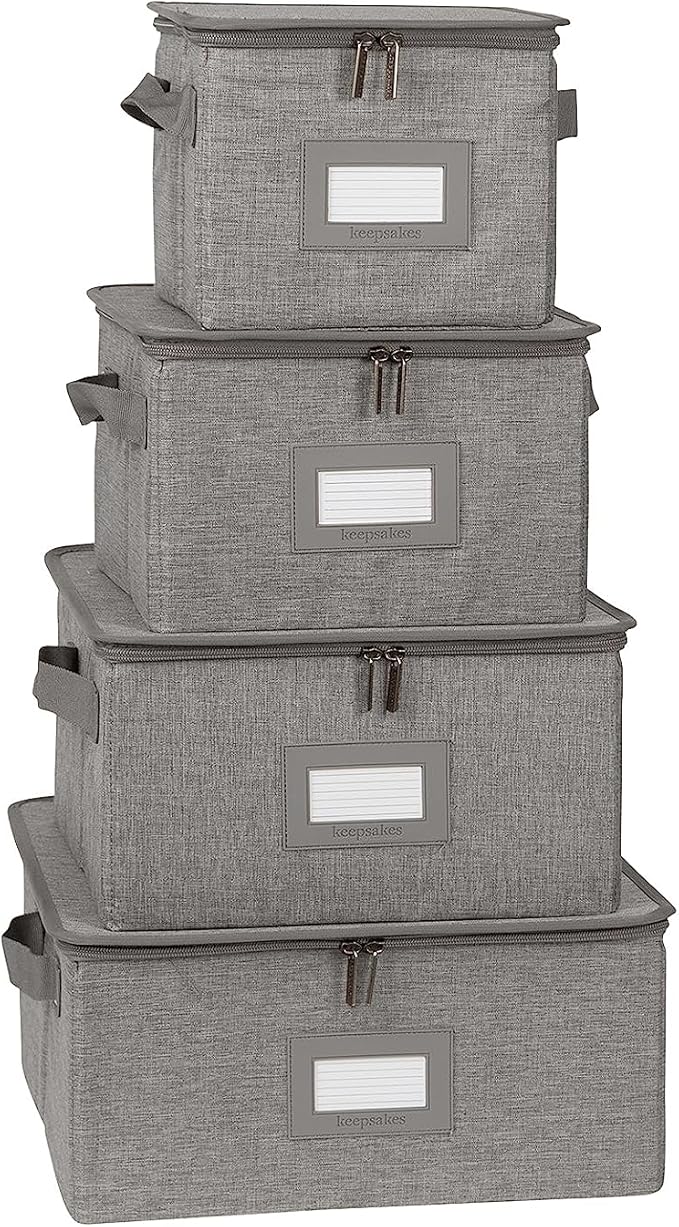 Covermates Dish Storage Box Set – China & Dinner Plate Storage Containers with Felt Dividers, Dual Zippers, Reinforced Handles, ID Window & Stackable Design, Grey Heather