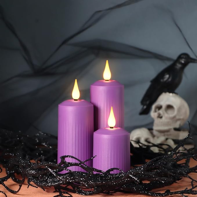 yunsheng Rechargeable Flameless Candles with Remote Timer, in/Outdoor Waterproof LED Flickering Pillar Candles Set of 6 (D2 x H4/5.5/6.5"), Battery Operated Purple Plastic Roman Column Candles