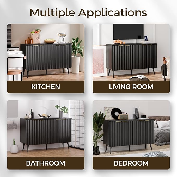 47.2" Sideboard Buffet Cabinet with Storage, Modern Fluted Accent Credenza with 4 Doors, Buffet Media Console Entryway Cabinets with Adjustable Shelves for Living Dining Room Hallway, Black