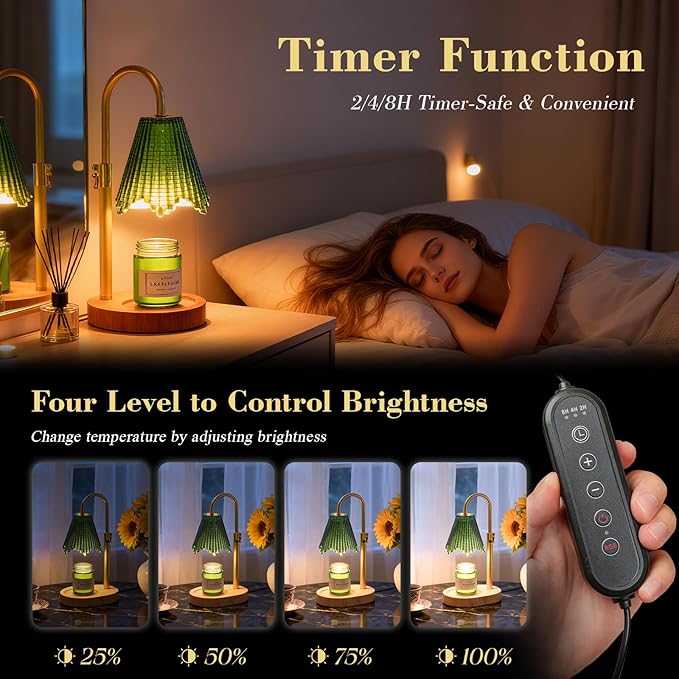 Candle Warmer Lamp with Adjustable Height - Flameless 4-Level Dimmable Wax Warmer with Colorful Glass Shade & Wooden Base, Timer Function & Stylish Design in Multiple Colors (Green 2)