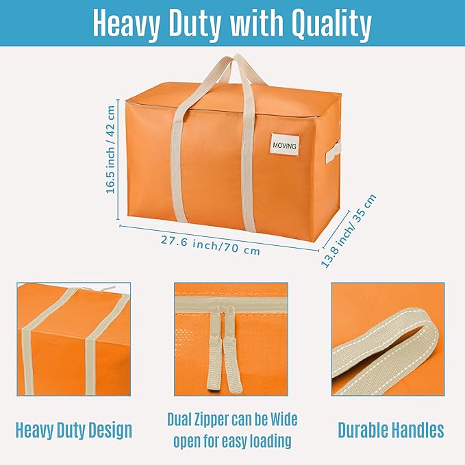 VENO 8 Pack Heavy Duty Moving Bags, Extra Large Storage Bags with Reinforced Handles & Strong Zippers, Foldable & Reusable Moving Box Alternative for Clothes & Dorm Storage