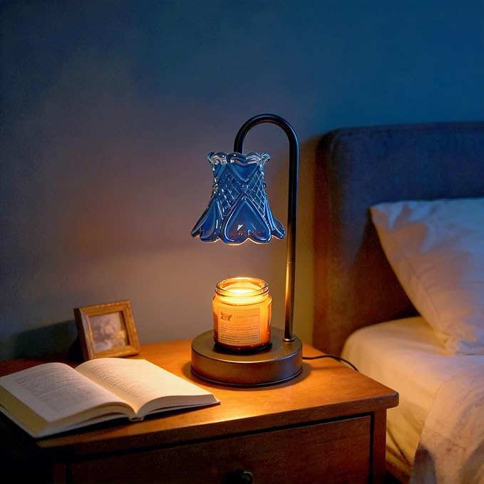 LANFU Candle Warmer Lamp with Dimmable, Blue Flower Lampshade Birthday Gifts for Women Mom, House Warming Gifts New Home Decor, Wax Melt Warmer for Jar Candles （Including Candles and Bulbs）