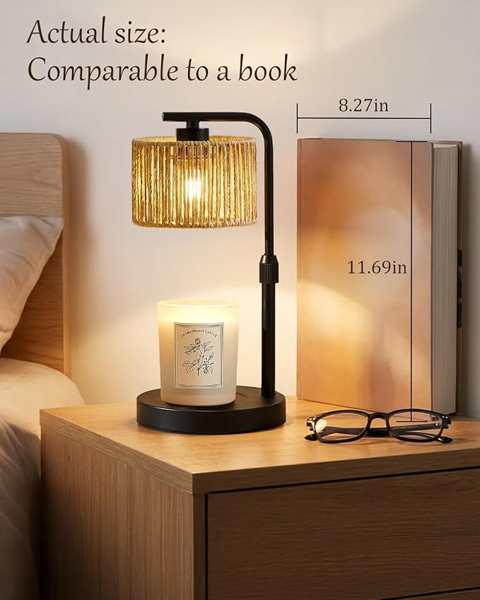 Candle Warmer Lamp, Timer Dimmable Candle Lamp, Adjustable Height and Brightness Black Candle Warmer, Boho Rattan Lampshade and 2 Bulbs, Suitable for Home Decor, Birthday Gifts for Women Mom