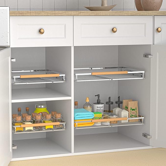 Pull Out Cabinet Shelf, Slide Out Cabinet Organizer Heavy Duty Under Sink, Anti Rust Kitchen Organizer Basket, Smooth Roll Expandable Sliding Drawer, 2 Pack Chrome 15.9''-26.2''