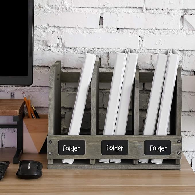 MyGift Wood Magazine Holder with 3 Compartments and Chalkboard Label, Desktop File Holder Organizer, Office Home Document Organizer Rack