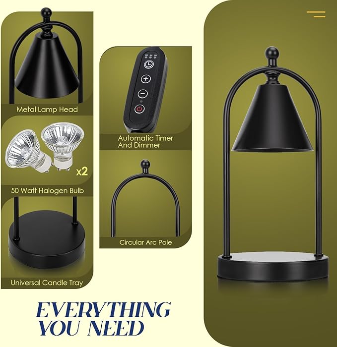 Soilsiu Candle Warmer Lamp with Timer, Electric Black Candle Warming Light for Bedroom, Dimmable Wax Melts Warmer for Home Decor Beside Lamp Gifts for Women (2 Bulbs Included)