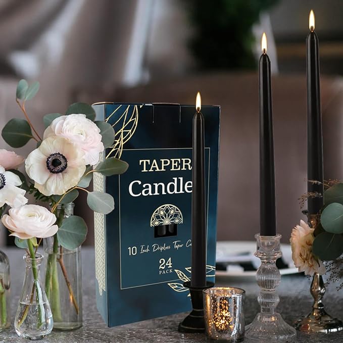 24 Pack Tall Taper candles-10 Inch Black Dripless, Unscented Dinner Candle Sticks, for Shabby, Halloween, Christmas, Wedding, 8 Hours Burn Time.