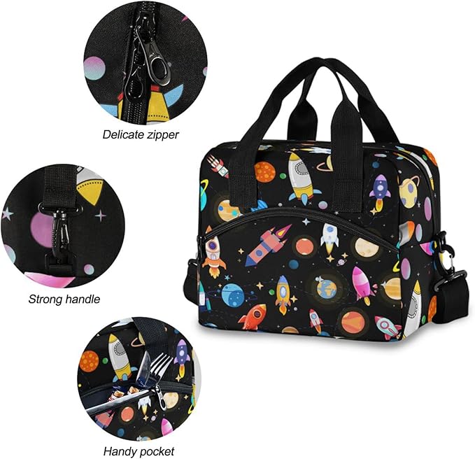 CBBYY Planet Rocket Lunch Bags for Women Men,Reusable Insulated Lunch Box, Adjustable Shoulder Straps Tote Lunch Bag for Work Picnic School
