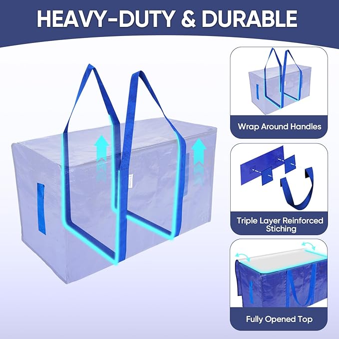 TICONN 12 Pack Extra Large Moving Bags with Zippers & Carrying Handles, Heavy-Duty Storage Tote Moving Boxes for Space Saving (12 PK, 30 Gallon)