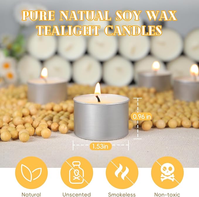 Soy Tealight Candles 120 Pack,8 Hours Long Burning Tealights Candles Bulk,Natural Soy Wax Tea Light Candle Paraffin-Free,Unscented Small Tea Candle for Emergency,Dinner