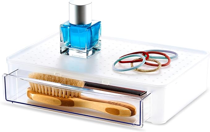 madesmart Stackable Pull-Out Drawer Organizer, Clear Drawer for Makeup, Cotton Balls, Skincare & Bathroom Essentials, Countertop or Cabinet Storage, White