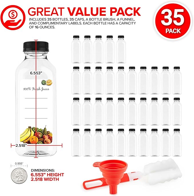 Juice Bottles with Caps for Juicing & Smoothies, Reusable Clear Empty Plastic Bottles with Caps, 16 Ounce Drink Containers for Mini Fridge, Juicer Shots, Small Water Bottles Bulk 16 oz (35 Pack)