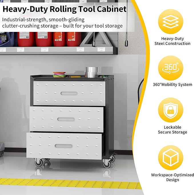 Garage Storage Cabinets with Wheels, Locking Metal Storage Cabinets with 3 Drawers, Easy Assembly Rolling Tool Cabinet for Garage, Basement,Warehouse