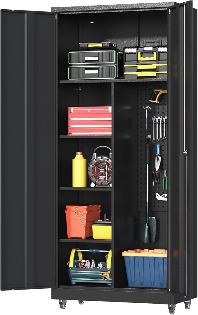 Metal Garage Storage Cabinet with 2 Doors, Adjustable Rolling Tool Storage Cabinet with Lock, 71" Steel Locking Tool Cabinet with Wheels and Shelves for Garage, Warehouse(Black, 71" H)