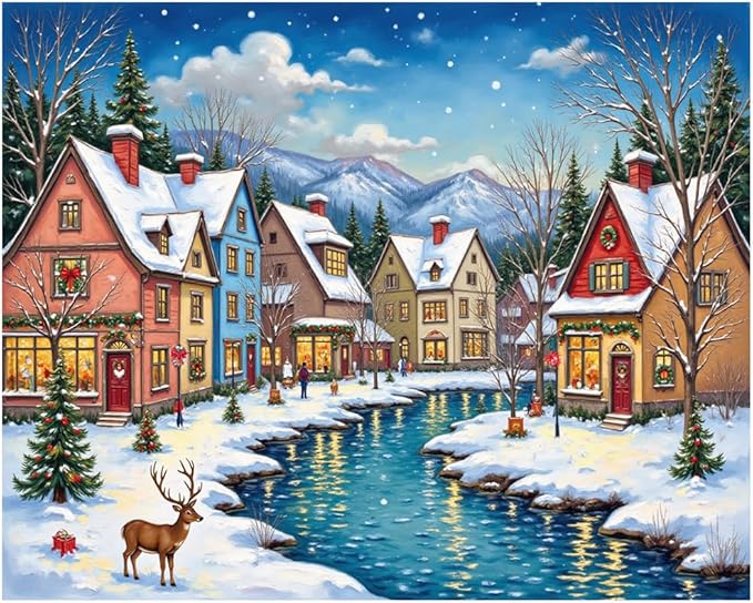 EnLvYY Christmas Village Paint by Numbers Adult 16x20 Inch, DIY Acrylic Painting Kit for Beginners, Winter Town Landscape Wall Art Home Decoration, Gift for Family and Friends, Unframed