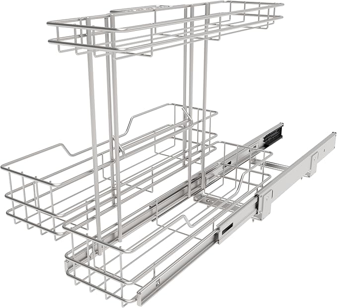 2 Tier Under Sink Organizer 11" W X18 D, Pull Out Cabinet Organizer One Removable Basket, Under Sink Slide Out Chrome Plated, Under Kitchen Bathroom Sink Organizer, 1 Pack