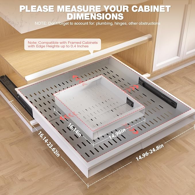 2 Pack Pull Out Cabinet Organizer With Raising Pad for Framed Cabinets,Expandable Width (15"-25") and Depth (17"-24"),3 Slide Rails Slide Out Drawers with Handle,No-Drill Roll Out Shelf,White