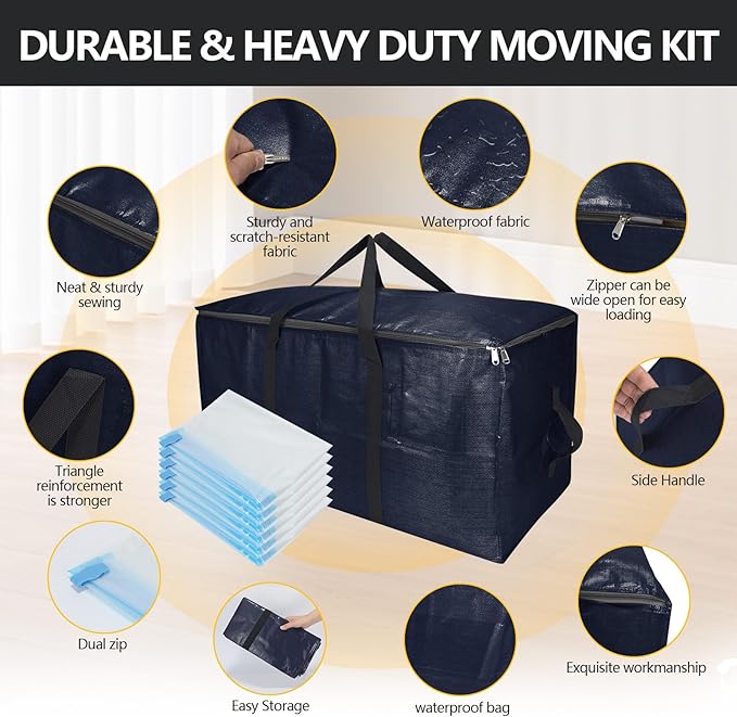 Extra Large Storage Bags Set Heavy Duty Moving Totes with Handles, Waterproof Dual-Durable Storage Totes For Space-Saving Moves, (Dark Blue, 12 Park-2 Moving bag & 10 Vacuum Seal Bags)