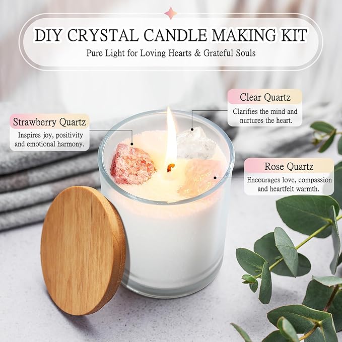 BRELANO Crystal Candle Making Kit – No-Melt Pearled Candle Sand, 18 oz Sand Wax, 30 Cotton Wicks, 3 Natural Crystals & Glass Jar – DIY Candle Gift Set for Women & Home Decor