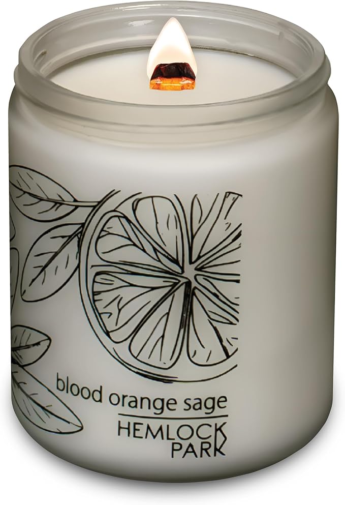 Hemlock Park Frosted Glass Wood Wick Candle Handcrafted with Natural Coconut Wax (Standard 8 oz, Blood Orange Sage)