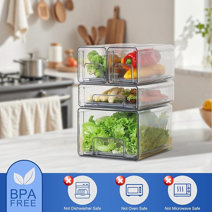 Pull Out Clear Fridge Organizer Drawers with Drainer, Refrigerator Stackable Storage Bins for Kitchen Fruit & Veggie Organization (2PCS, Large)