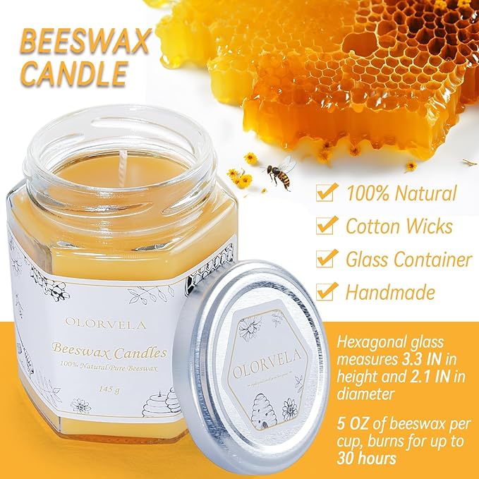 Jar Beeswax Candles-100% Natural Pure Beeswax Candles,5oz Unscented Beeswa Candle,Up to 30 Hours Burn Time, Bees Wax Candles for Decor,Party,Christmas 1 Pack