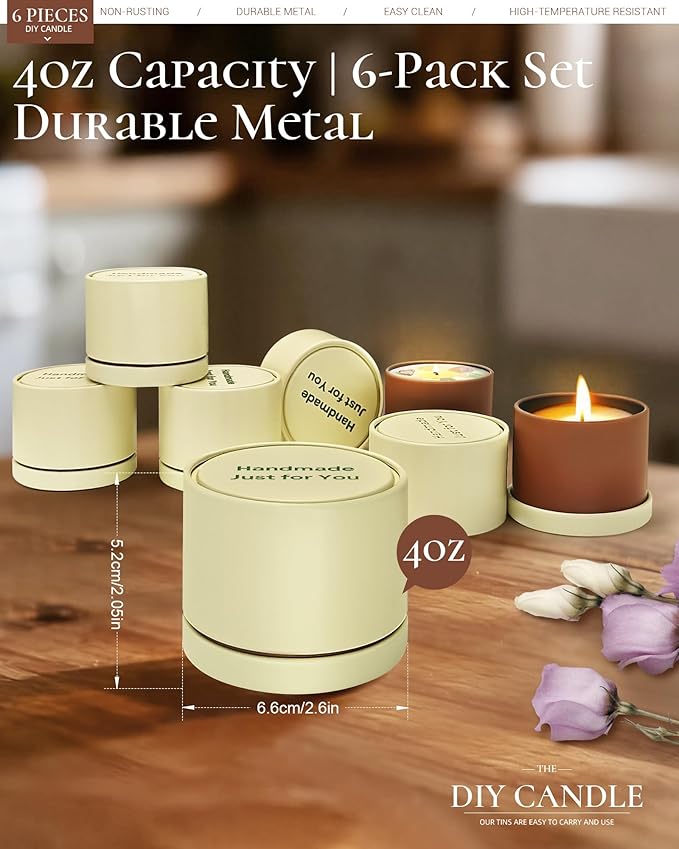 Quikobo 6 Pack 4oz Yellow Candle Tins with Lids - Durable Matte Tinplate Containers for DIY Candle Making and Multi-Purpose Storage