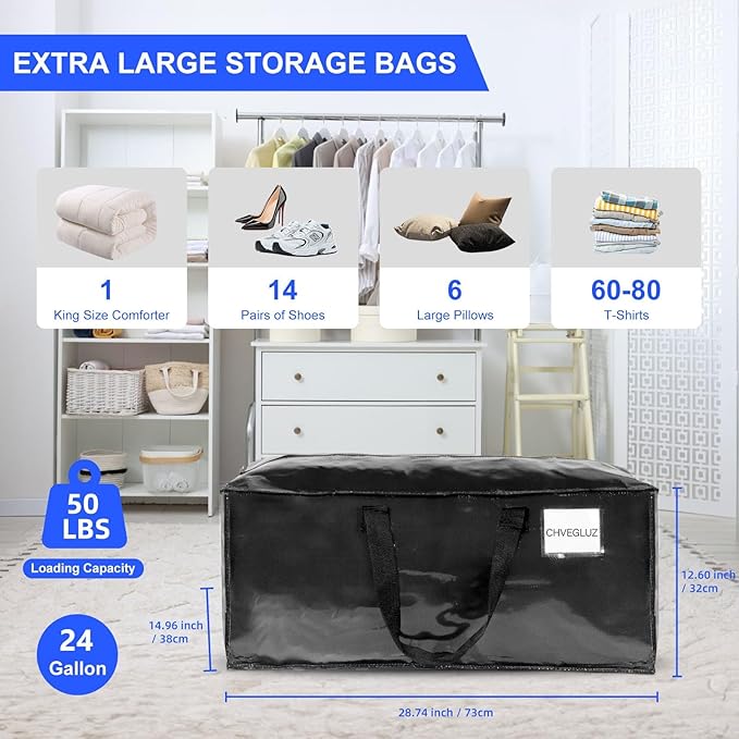 CHVEGLUZ 2 Packs Moving Bags Heavy Duty Extra Large,Storage Bags with Zipper&Handles, Sturdy&Durable Clothes Storage Bags Totes for College Dorm Essentials, Moving Boxes for College Supplies, Black