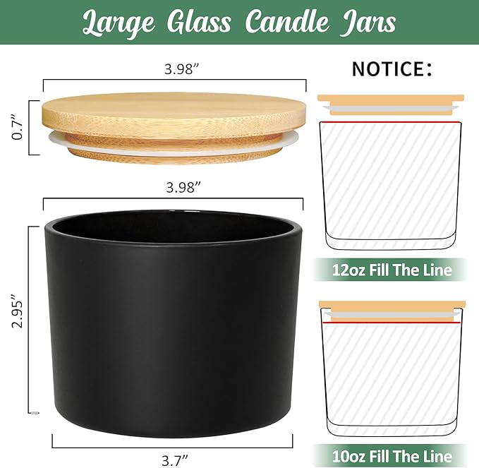 SUPMIND 12oz Candle Jars for Making Candles, 8 Pack Large Black Glass Empty Candle Jars with Bamboo Lids and Wick Kit, Multiple Wicks Wide Mouth Candle Container Bulk, Ideal for Candle Business