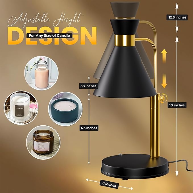 Candle Warmer Lamp with Timer & Dimmer, Adjustable Height and Brightness. Black & Gold Modern Wax Warmer for a Flameless, Cozy Home, an Elegant Birthday or Housewarming Gift for Women, Moms, and Men
