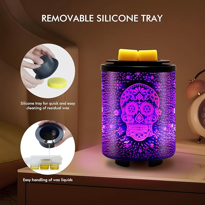 Electric Wax Melt Warmer with Timer (2/4/8H), 7-Color Changing LED Night Light, Removable Silicone Dish, PTC Safe Heating - 3D Glass Design for Home, Office Décor, Gifts for Mom