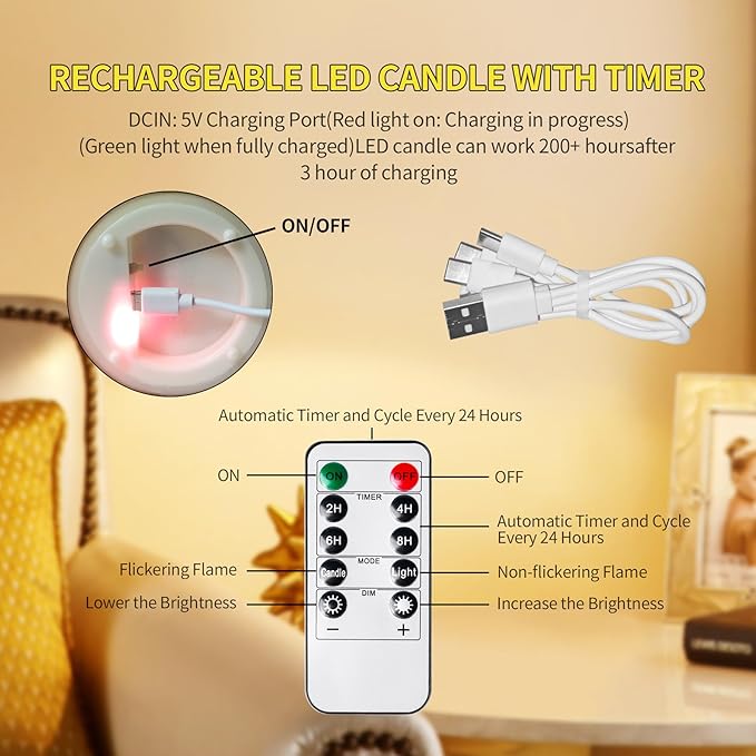 Rechargeable Flameless Candles Type-c Rechargeable Battery Candle with Remote Control and Timer Function Real Wax Warm Color Moving Flame for Halloween Christmas Festival Wedding Home Party 200 Hours