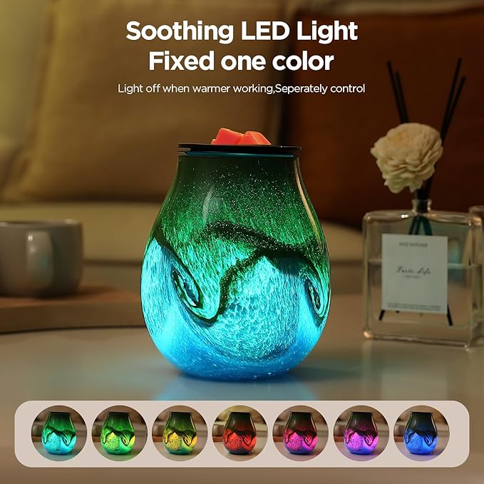 Glass Electric Wax Melt Warmer Oil Burner with Stable Heating PTC Reusable Silicone Tray 7 Colorful Changing Led Light Night Light Scent Warmer for Home Fragrance Warmers-GreenTimer