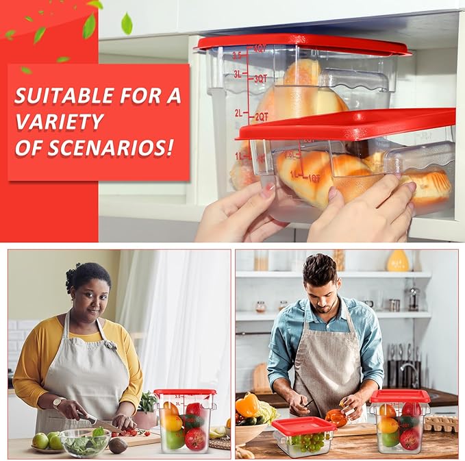 Yungyan 16 Pcs Restaurant Food Storage Containers with Lids Set 2Qt and 4Qt Commercial Restaurant Square Storage Containers Clear Food Cereal Container for Kitchen Freezer (Red Lids)