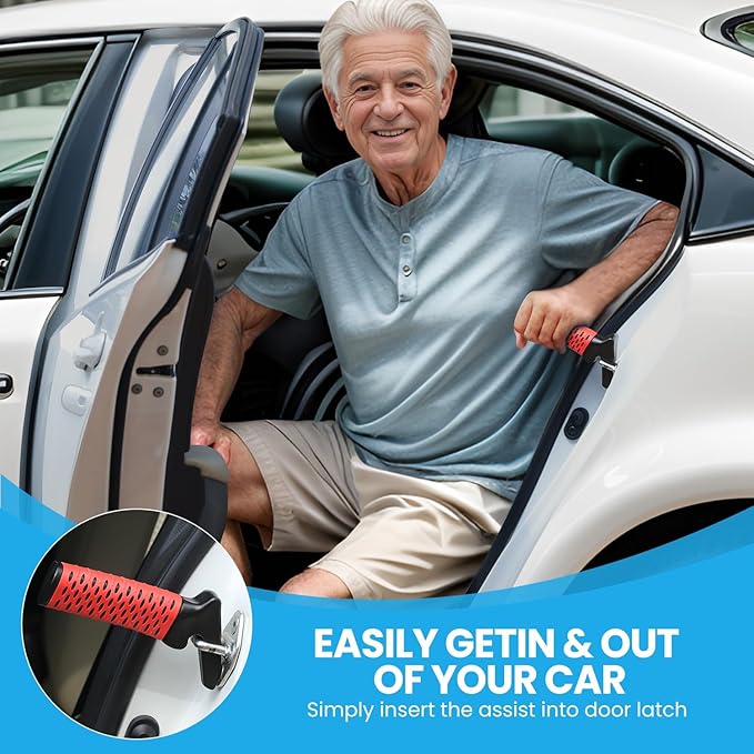 CAidRE Car Door Handle for Elderly, Car Handle Assist Support, Portable Elderly Assistance Mobility Aids Auto Grab Cane with Strap for Seniors and Handicapped Getting Out of Car, Red, 2 Pack