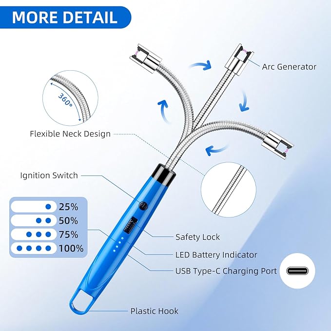 Candle Lighter Electric USB Rechargeable Plasma Arc Lighter with 360° Flexible Neck,LED Power Display,Safety Lock,Windproof Flameless,Long Arc Lighters Matches,4 Pack(HB-088B-4Pcs)