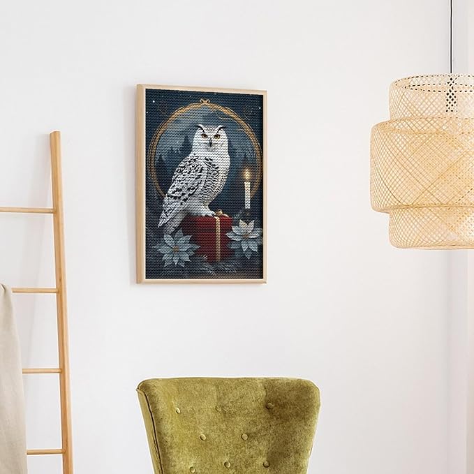 KIVJMSIDJA Diamond Art Kits for Adults Snowy Owl & Candle Glow - Winter Night Scene DIY Round Diamond Art for Home Wall Decor & Crafts Gifts 8"x12"