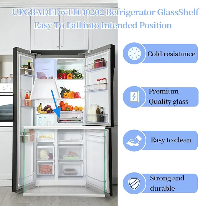 Upgraded W11130202 Whirlpool Freezer Shelf – Tempered Glass Refrigerator Drawer Shelf Replacement, Fits Fridge Door Parts and Shelves, Replaces W10527848, 4545865, EAP12347521, WRS571CIHZ04