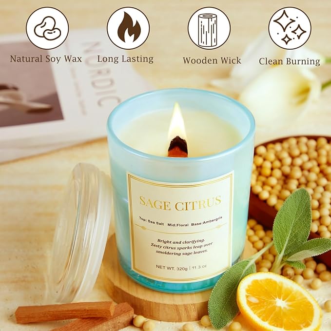 2 Pack Candles for Home Scented,Wood Wick Sage Citrus Scented Candle,22.6 oz 150 Hour Long Burning Lasting, Natural Soy Wax Candles Gifts Set,for Holiday Day