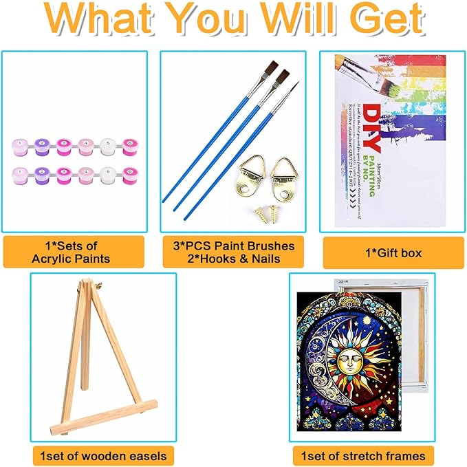 Meothan Paint by Numbers Kit for Adults,Stained Glass Paint by Numbers Kit for Beginner Sun Moon Paint by Numbers Kits for Home Table and Gift for Wall Decor 12x16 inch Framed and Easel