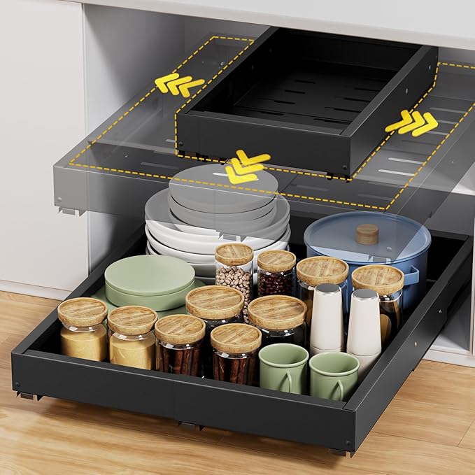 Upgrade Pull Out Cabinet Organizer, Expandable Width (11.4"-18.9") Depth (16.3"-21.7") Pull out Drawers for Cabinets with 3 Rails, No Drill Adhesive Film or Nail Slide out Drawers for Kitchen, Pantry