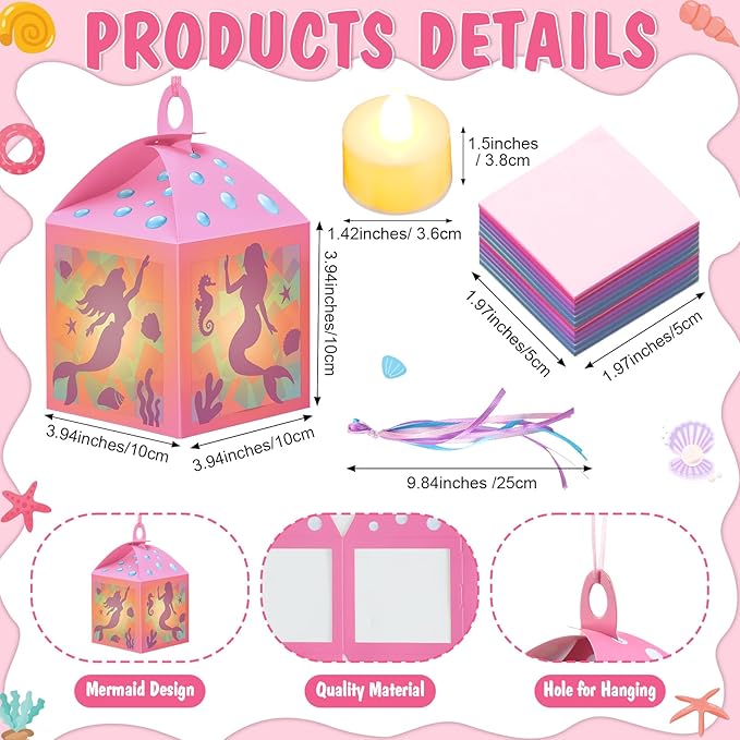 Simgoing 12 Sets Mermaid Lanterns Crafts with LED Candles Mermaid Tissue Paper Crafts Kits DIY Paper Lanterns for Party Decor Activities