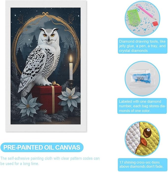 KIVJMSIDJA Snowy Owl & Candle Glow - Winter Night Scene Diamond Painting Kits for Adults,Diamond Art Kits for Beginners 5D Round Diamond 12"x20"