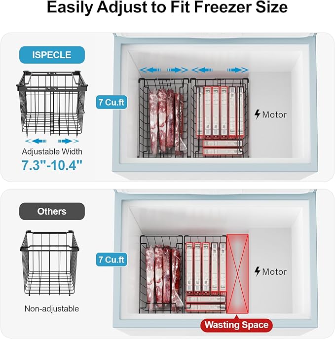 iSPECLE Freezer Organizer Bins - 6 Pack Adjustable Width for 5 to 7 Cu.Ft Chest Freezers, Stackable Freezer Wire Storage Baskets for Deep Freezer Organization, Assembly Required, Black