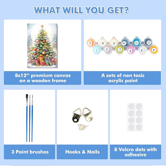 Bowetile Christmas Tree Paint by Numbers for Adults Beginners Framed, Adults' Paint-by-Number Christmas Kits on Canvas, Acrylic Number Painting Christmas Gifts for Home Decor, 8x12in