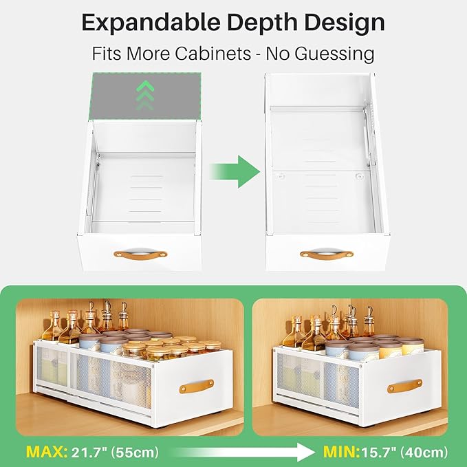 Pull out Cabinet Organizer, Expandable Depth(15.7"-21.7") with Raising Pad for Framed Cabinets, Heavy Duty Slide out Drawers, Adhesive Roll Out Shelves for Kitchen, Pantry Storage(White, 1-Pack)