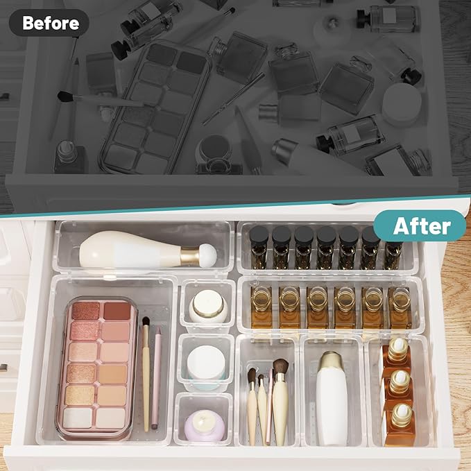 WOWBOX 24 PCS Clear Plastic Drawer Organizer Set, 4 Sizes Desk Drawer Organization and Storage Containers for Makeup, Cosmetics, Jewelry and Gadgets in Kitchen, Bathroom, Bedroom, Office, Clear