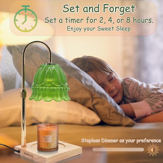 Glass Flower Lampshape Candle Warmer Lamp with Adjustable Height, Wax Burner Lamp with Timer and Dimmer, Wooden Base Candle Warmer, Women's Gifts (Green)
